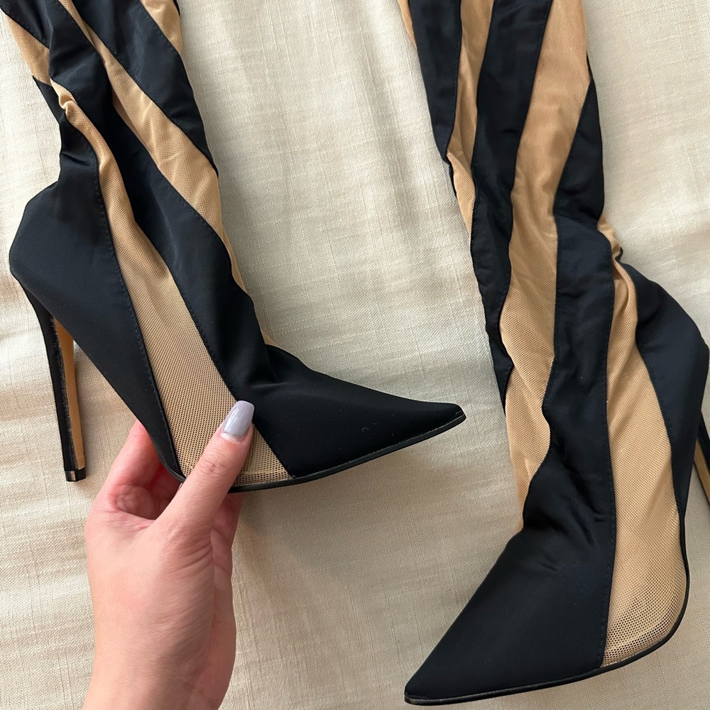 Mesh striped knee high boots